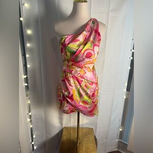DO+BE Pink and Green Asymmetrical Ruched Cocktail Dress